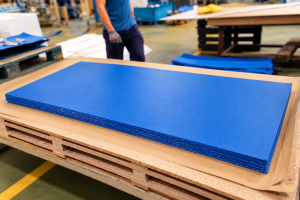 Planchas azules apiladas en fabrica